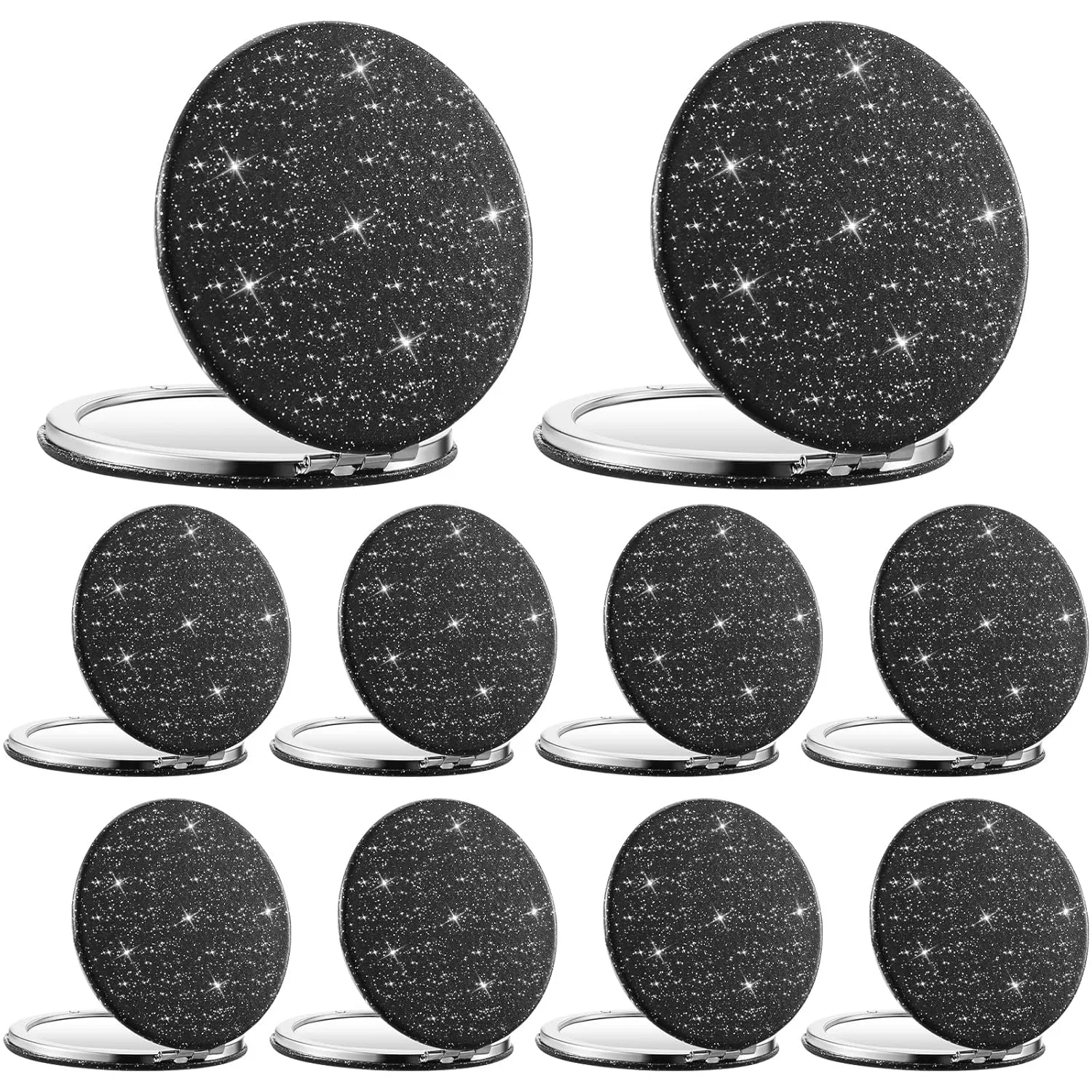 10 Piece Black Compact Mirror Small Round Pocket Mirror for Purse Glitter Portable Travel Mirror Folding Handheld Bling Mirrors with Double Sided 1x/ 2X Magnification for Woman Girls Gift