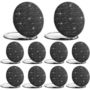 10 Piece Black Compact Mirror Small Round Pocket Mirror for Purse Glitter Portable Travel Mirror Folding Handheld Bling Mirrors with Double Sided 1x/ 2X Magnification for Woman Girls Gift