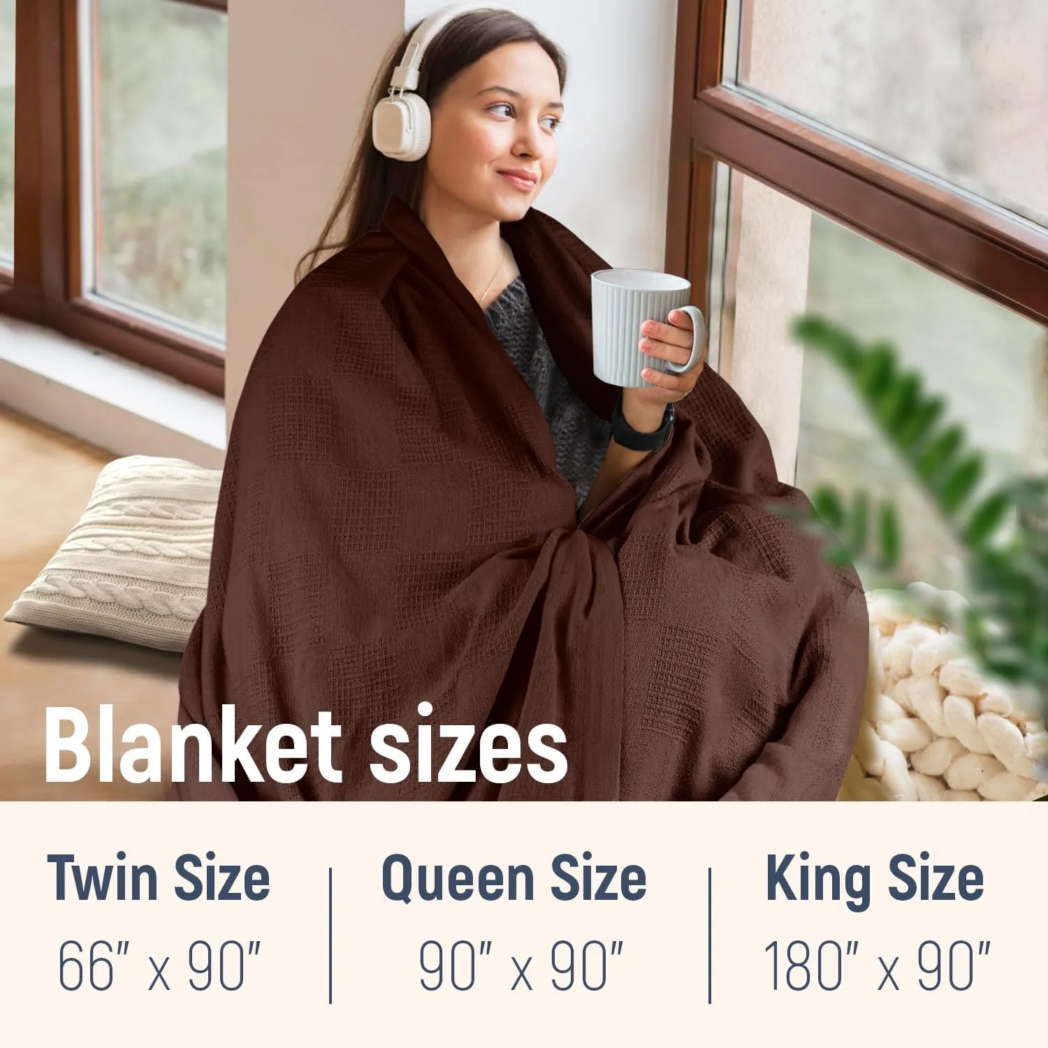 100% Cotton Blanket Twin Size 66x90 - Lightweight Breathable Waffle Weave Thermal Throw for Bed, Sofa & Couch - Soft Cozy, Durable Summer Bedding, All Season Comfort for Home, Travel & Camping, Coffee