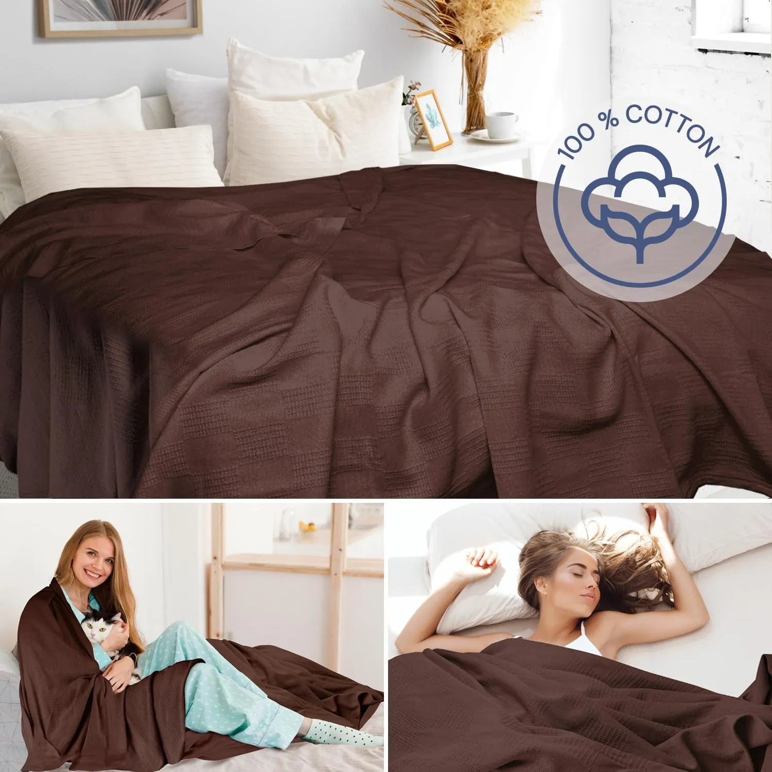 100% Cotton Blanket Twin Size 66x90 - Lightweight Breathable Waffle Weave Thermal Throw for Bed, Sofa & Couch - Soft Cozy, Durable Summer Bedding, All Season Comfort for Home, Travel & Camping, Coffee