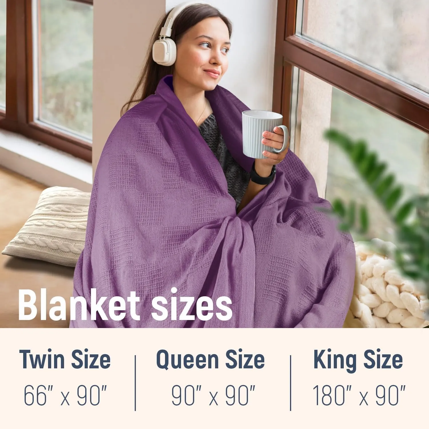 100% Cotton Blanket Twin Size 66x90 - Lightweight Breathable Waffle Weave Thermal Throw for Bed, Sofa & Couch - Soft Cozy, Durable Summer Bedding, All Season Comfort for Home, Travel & Camping, Plum