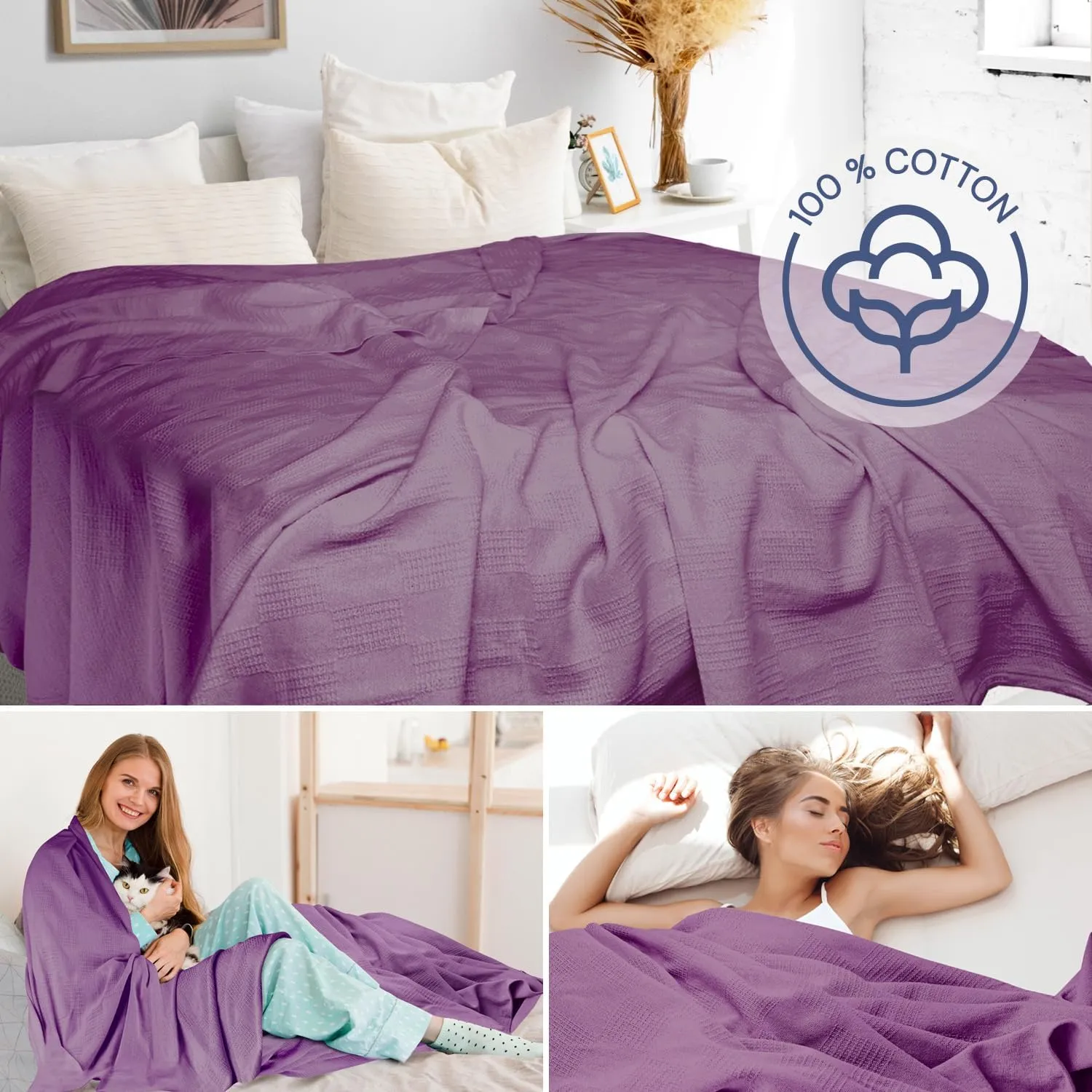 100% Cotton Blanket Twin Size 66x90 - Lightweight Breathable Waffle Weave Thermal Throw for Bed, Sofa & Couch - Soft Cozy, Durable Summer Bedding, All Season Comfort for Home, Travel & Camping, Plum