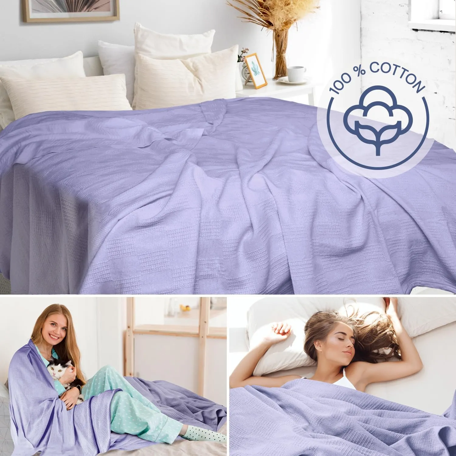 100% Cotton Blanket Twin Size 66x90 - Lightweight Breathable Waffle Weave Thermal Throw for Bed, Sofa & Couch - Soft Cozy, Durable Summer Bedding, All Season Comfort for Home, Travel & Camping SkyBlue