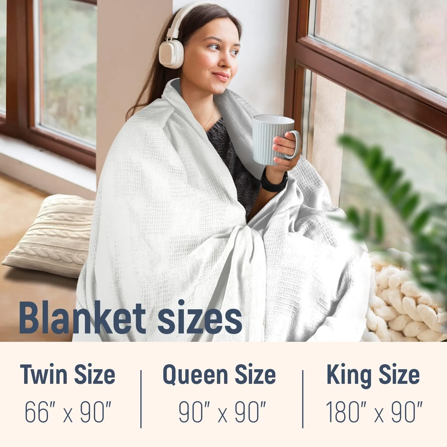 100% Cotton Blanket Twin Size 66x90 - Lightweight Breathable Waffle Weave Thermal Throw for Bed, Sofa & Couch - Soft Cozy, Durable Summer Bedding, All Season Comfort for Home, Travel & Camping, White