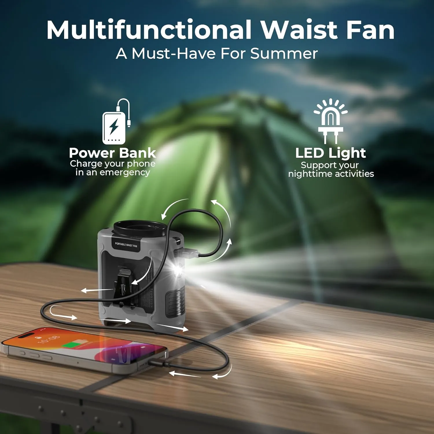 10000mAh Portable Waist Clip Fan,40H Cooling Personal Wearable Fan,5 Speeds 16000RPM Belt Fan,Rechargeable Hands-free Neck Fan With Dual Clip & Flashlight for Outdoor Jobsite Camping Traveling