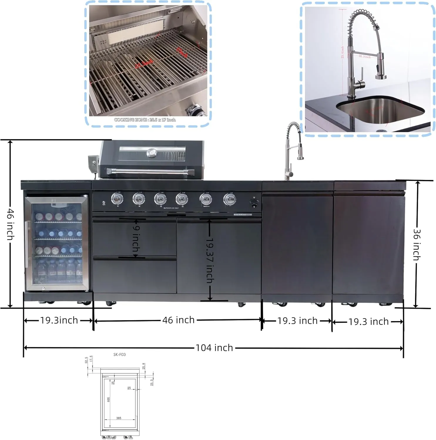 104 Inches 4-Burner 72000 BTU Deluxe Stainless Steel Gas Outdoor Kitchen Bar Barbecue Island Grill, Wine Cooler Compact Refrigerator, Rotisserie Kit, Granite Countertops, Stainless Steel Sink, Black