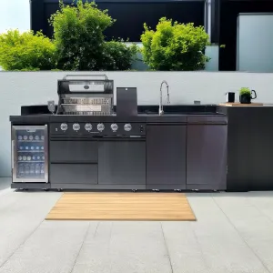 104 Inches 4-Burner 72000 BTU Deluxe Stainless Steel Gas Outdoor Kitchen Bar Barbecue Island Grill, Wine Cooler Compact Refrigerator, Rotisserie Kit, Granite Countertops, Stainless Steel Sink, Black