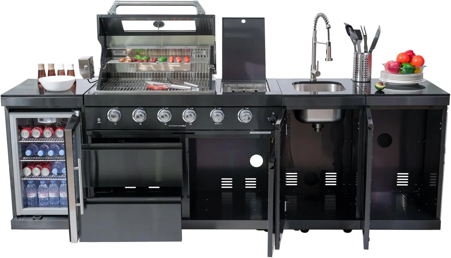 104 Inches 4-Burner 72000 BTU Deluxe Stainless Steel Gas Outdoor Kitchen Bar Barbecue Island Grill, Wine Cooler Compact Refrigerator, Rotisserie Kit, Granite Countertops, Stainless Steel Sink, Black