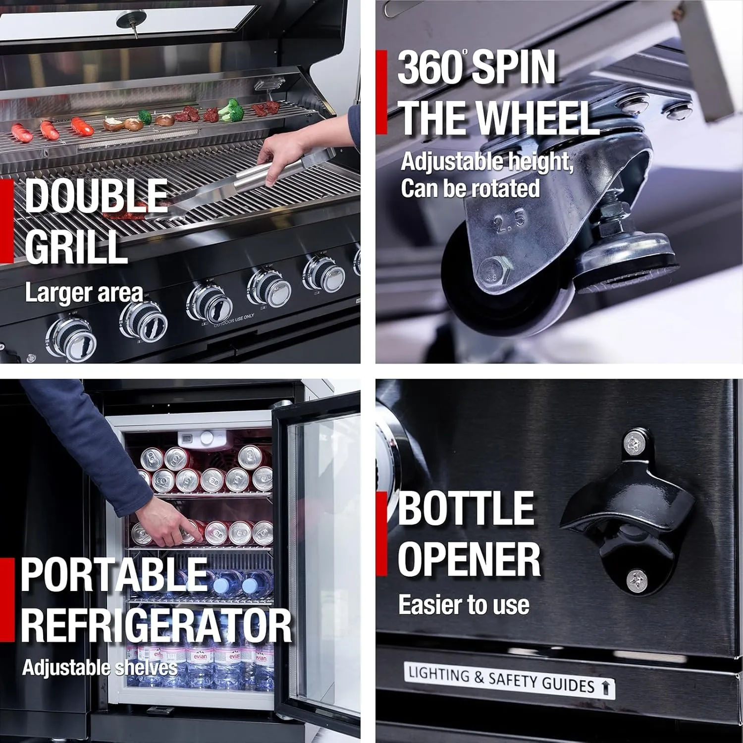 104 Inches 4-Burner 72000 BTU Deluxe Stainless Steel Gas Outdoor Kitchen Bar Barbecue Island Grill, Wine Cooler Compact Refrigerator, Rotisserie Kit, Granite Countertops, Stainless Steel Sink, Black
