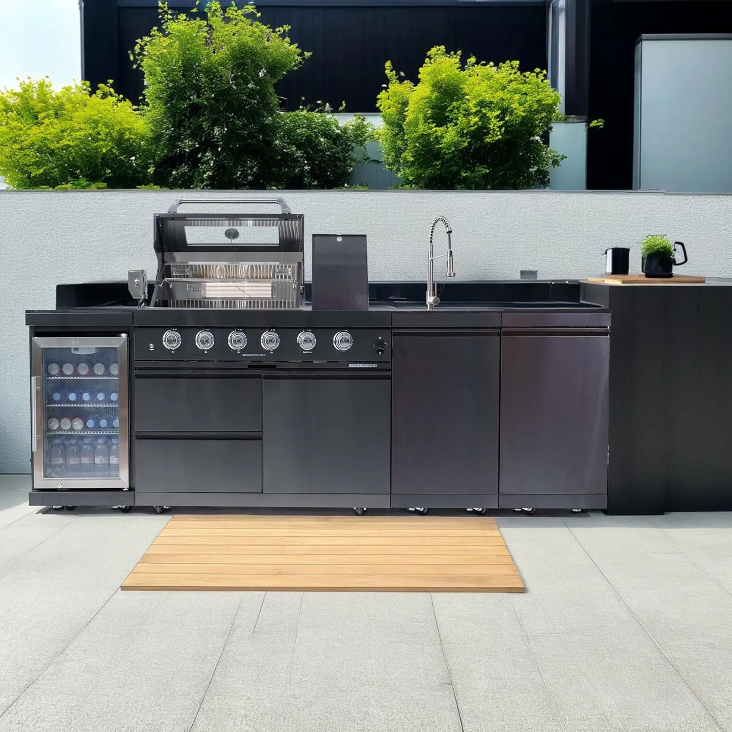 104 Inches 4-Burner 72000 BTU Deluxe Stainless Steel Gas Outdoor Kitchen Bar Barbecue Island Grill, Wine Cooler Compact Refrigerator, Rotisserie Kit, Granite Countertops, Stainless Steel Sink, Black