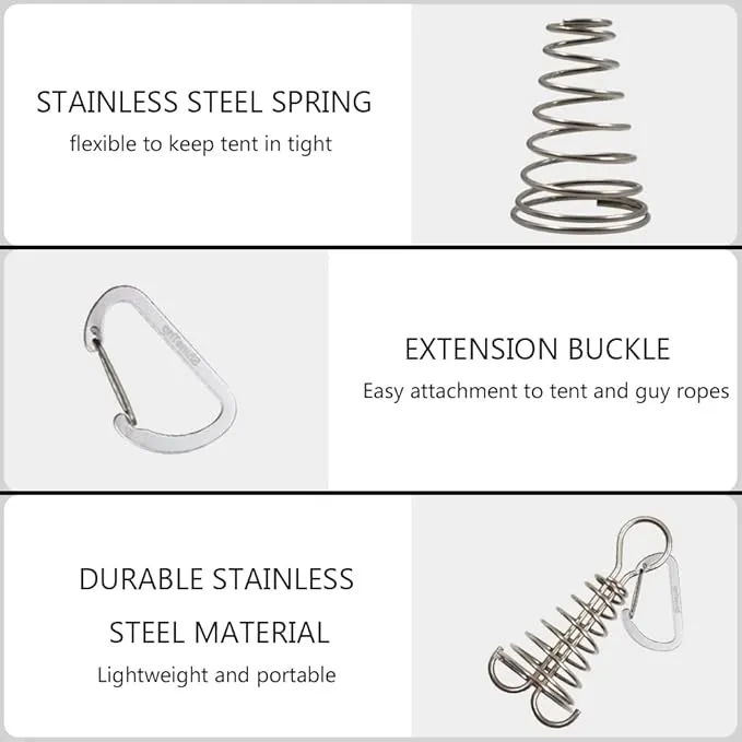 10Pcs Deck Anchor Pegs with Carabiner Clips & Spring Buckle, Stainless Steel Tent Rope Tightener, Deck Plank Board Tent Stakes, Cord Adjuster Tensioner for Camping Hiking Tent Accessories(Silver)