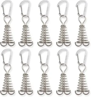 10Pcs Deck Anchor Pegs with Carabiner Clips & Spring Buckle, Stainless Steel Tent Rope Tightener, Deck Plank Board Tent Stakes, Cord Adjuster Tensioner for Camping Hiking Tent Accessories(Silver)