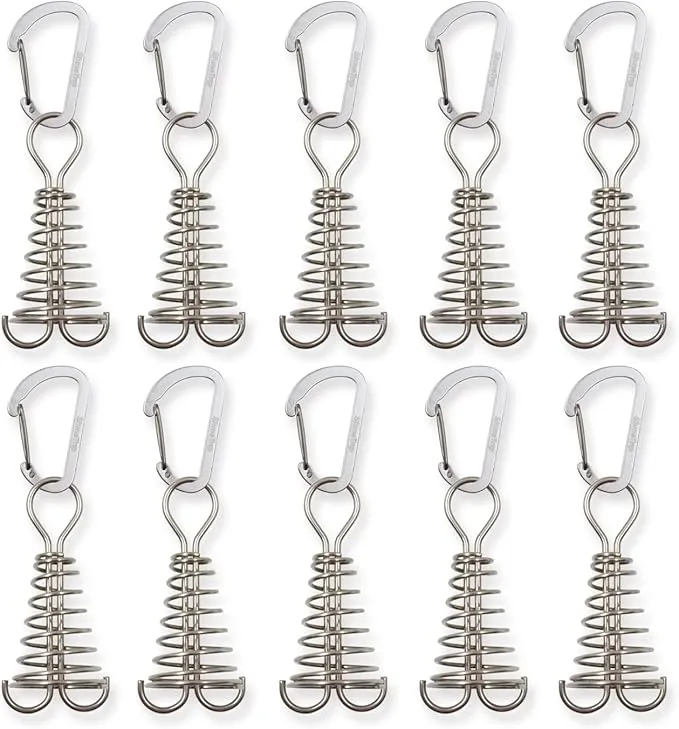 10Pcs Deck Anchor Pegs with Carabiner Clips & Spring Buckle, Stainless Steel Tent Rope Tightener, Deck Plank Board Tent Stakes, Cord Adjuster Tensioner for Camping Hiking Tent Accessories(Silver)