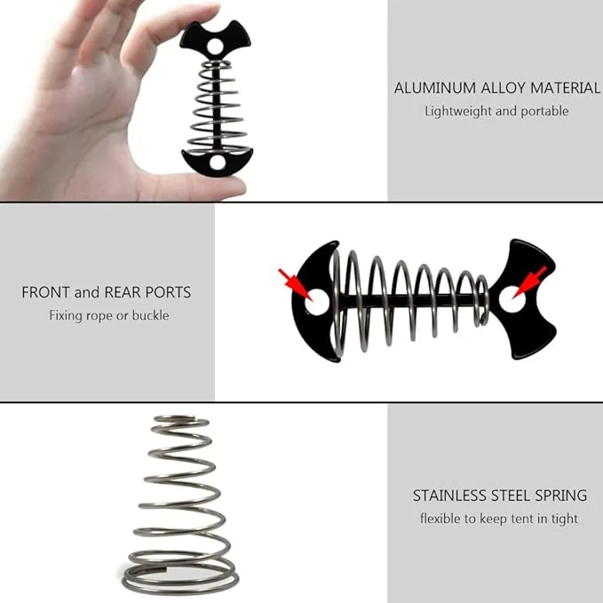 10Pcs Deck Anchor Pegs with Spring Buckle, Fishbone Tent Rope Tightener, Windproof Deck Plank Board Tent Stakes Aluminum, Tents Tensioner for Outdoor Camping Hiking Tent Accessories (Black)