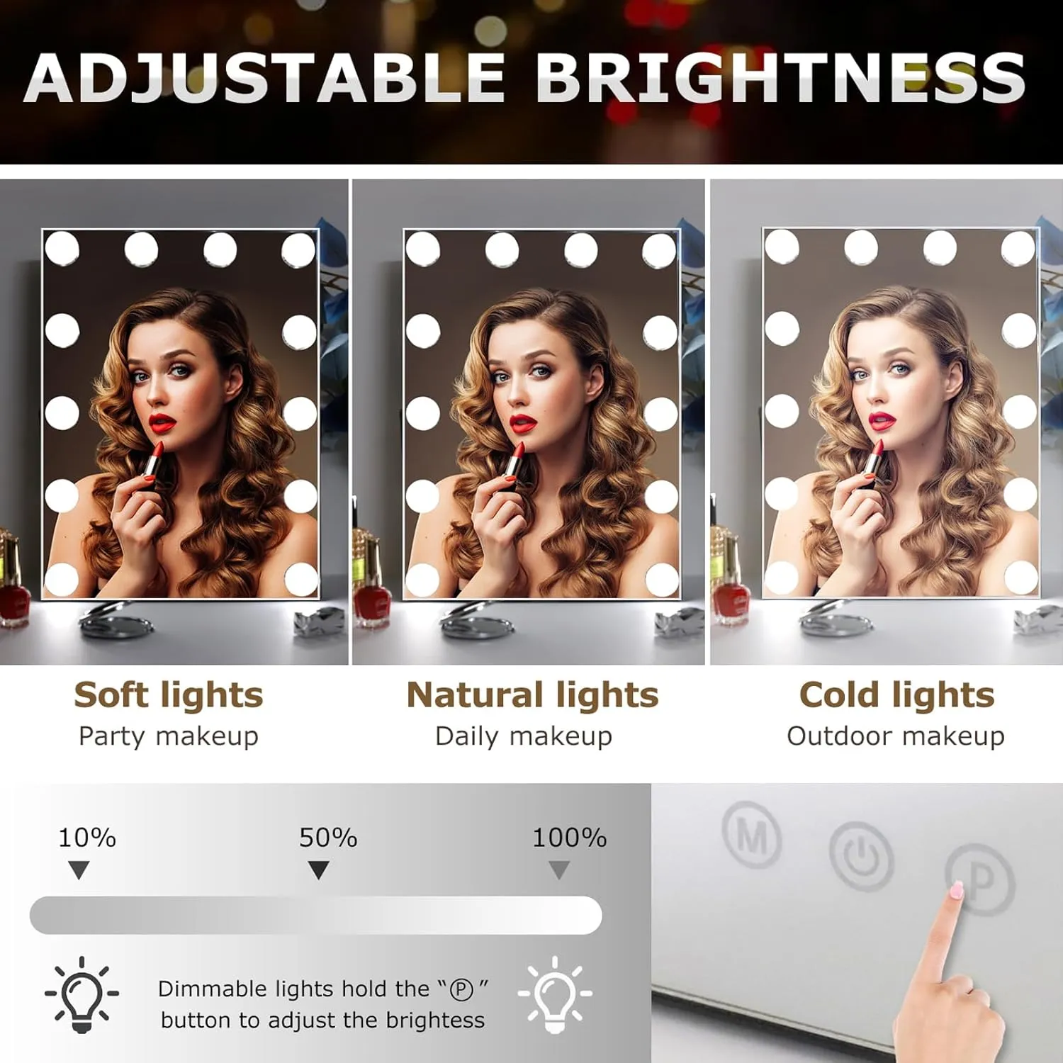 10"x 12" Vanity Mirror with Lights, Hollywood Lighted Makeup Mirror with 3 Color Modes and 12 Dimmable Diamond LED Light Bulbs, Touch Control for Bedroom, White