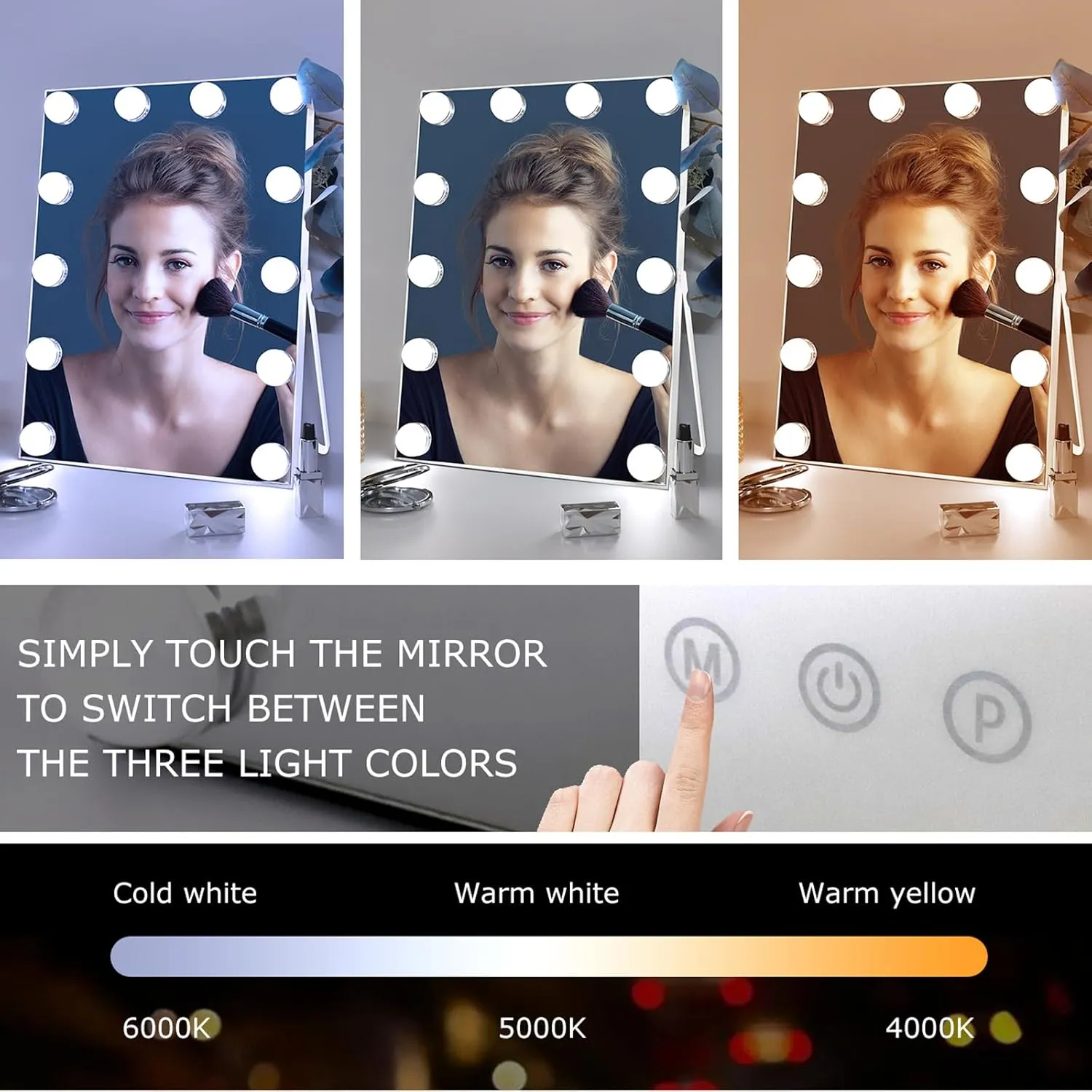 10"x 12" Vanity Mirror with Lights, Hollywood Lighted Makeup Mirror with 3 Color Modes and 12 Dimmable Diamond LED Light Bulbs, Touch Control for Bedroom, White