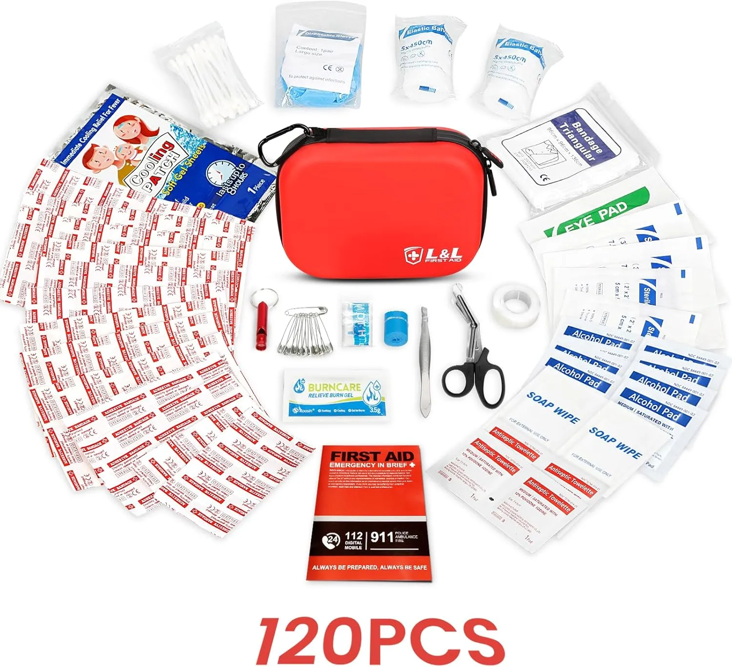 120-Piece First Aid Kit for Travel,Car & Emergency Survival - Compact Waterproof Medical Supplies with Trauma Bandages,Burn Gel & Fever Cooling Patch | Portable for Camping,Hiking,Sports(Red)