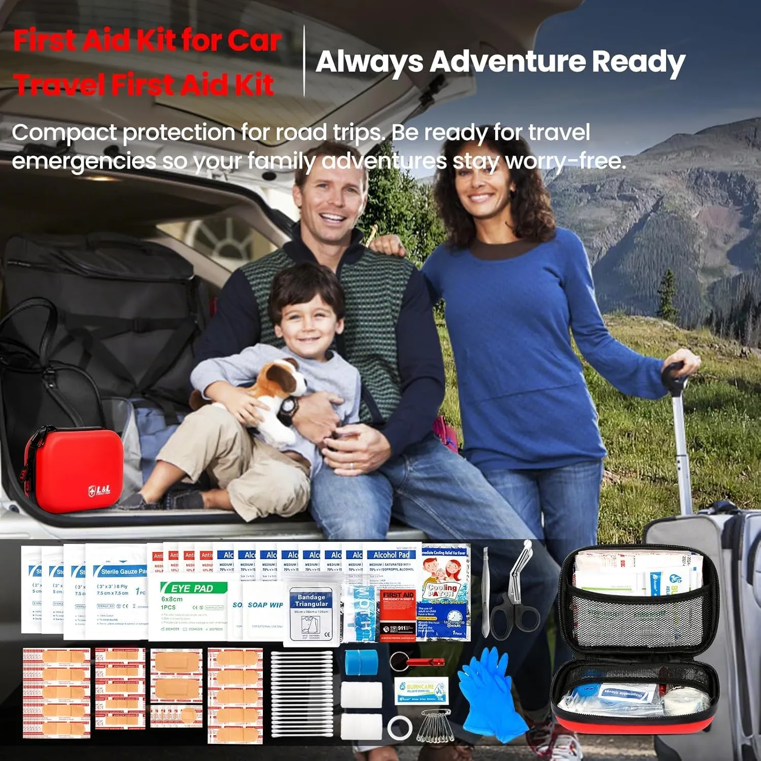 120-Piece First Aid Kit for Travel,Car & Emergency Survival - Compact Waterproof Medical Supplies with Trauma Bandages,Burn Gel & Fever Cooling Patch | Portable for Camping,Hiking,Sports(Red)