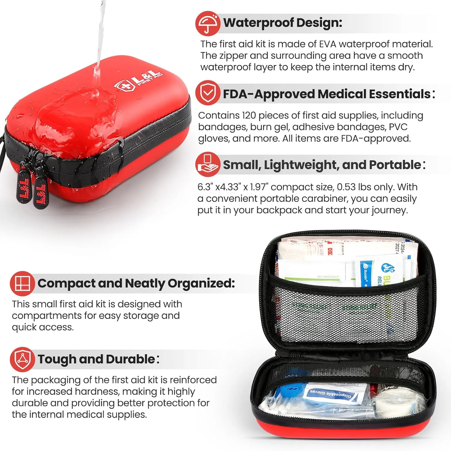 120-Piece First Aid Kit for Travel,Car & Emergency Survival - Compact Waterproof Medical Supplies with Trauma Bandages,Burn Gel & Fever Cooling Patch | Portable for Camping,Hiking,Sports(Red)