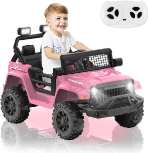 12V Ride on Car Pink Truck w/Parent Remote Control, Electric Vehicles for Kids 3 ,Mini Truck Toy Car w/Safety Belt,SpringSuspension,LED Lights Battery Powered Vehicles for Boys&Girls Gift Pink