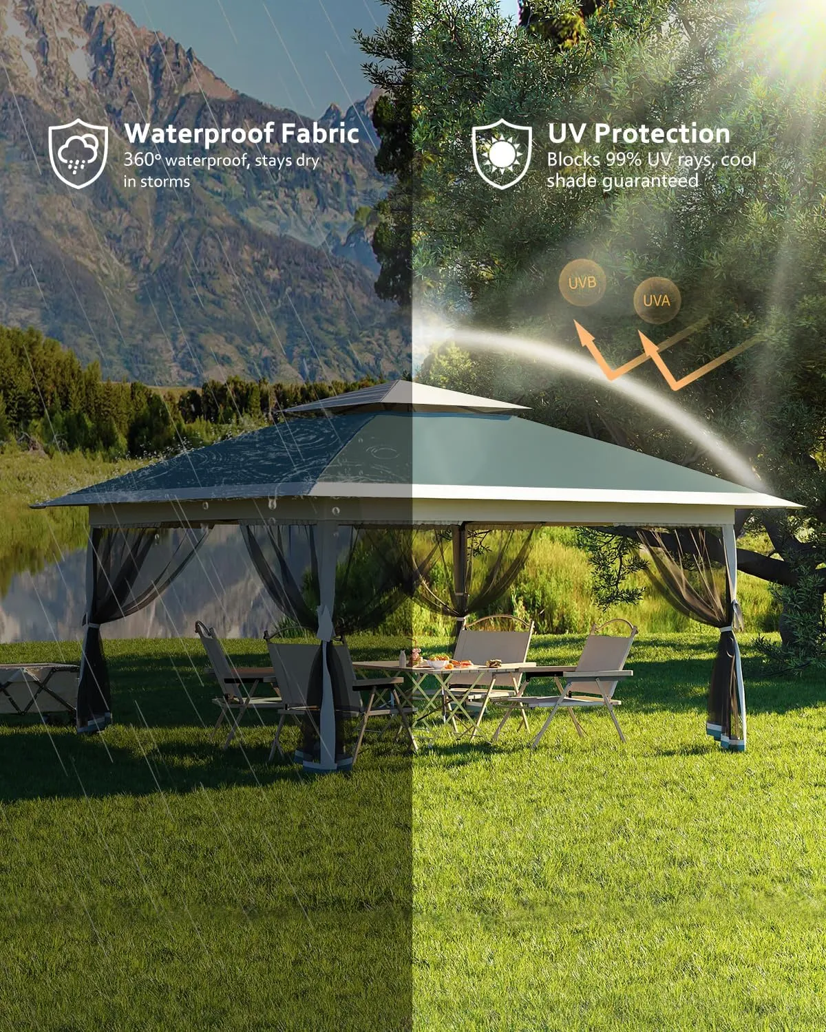 13x13 Pop Up Gazebo with Mosquito Netting & UPF 50  Waterproof Canopy Tent - Instant Setup Outdoor Shelter for Backyard, Patio, Deck - Durable Steel Frame with 4 Sandbags & Wheeled Bag