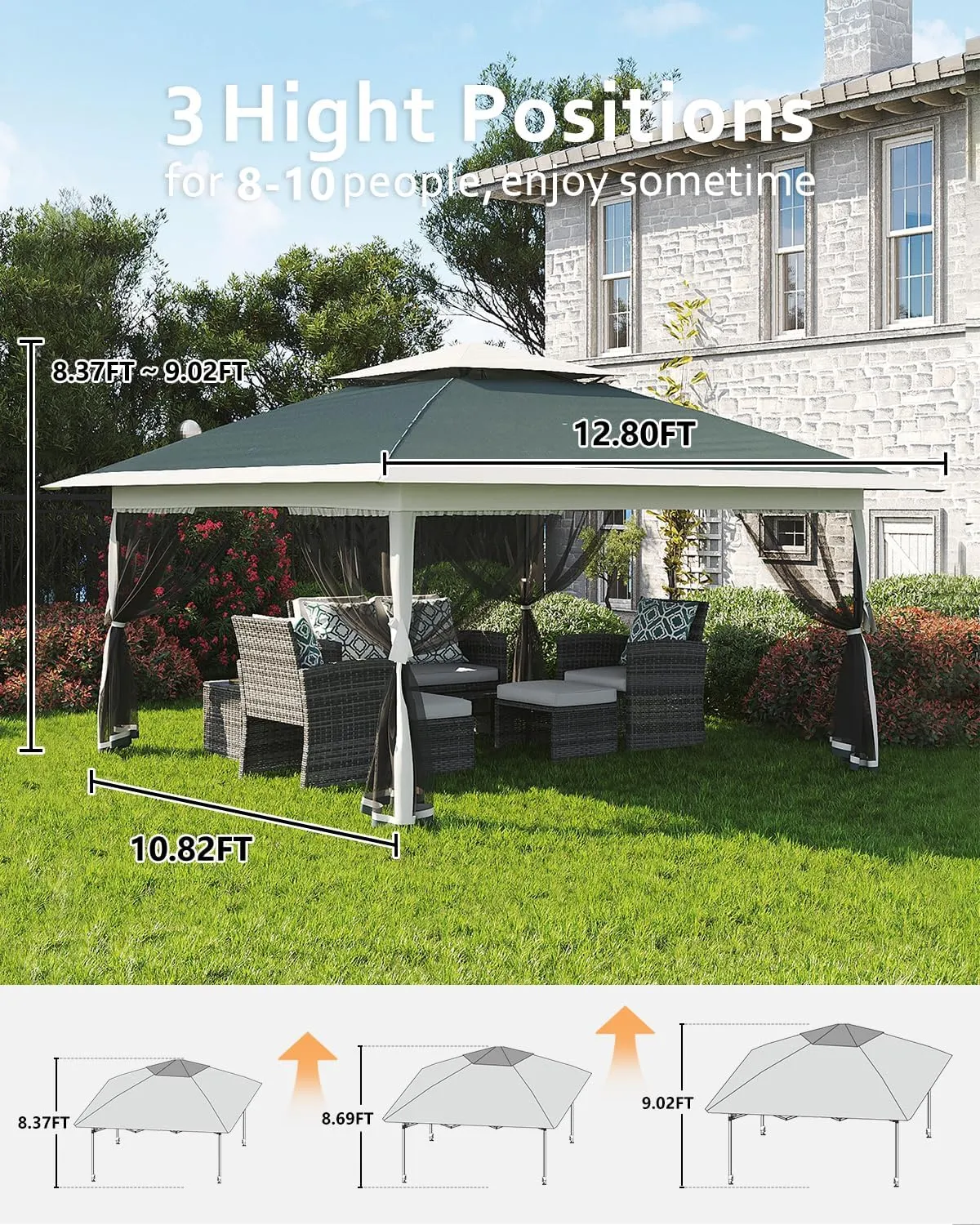 13x13 Pop Up Gazebo with Mosquito Netting & UPF 50  Waterproof Canopy Tent - Instant Setup Outdoor Shelter for Backyard, Patio, Deck - Durable Steel Frame with 4 Sandbags & Wheeled Bag
