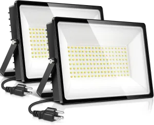 2 Pack 100W LED Flood Light Outdoor, 12000LM 4FT Power Cord with US Plug, IP66 Waterproof 6500K Outdoor Security Lights with New Drivers, LED Work Light for Playground Yard, Patio, Street
