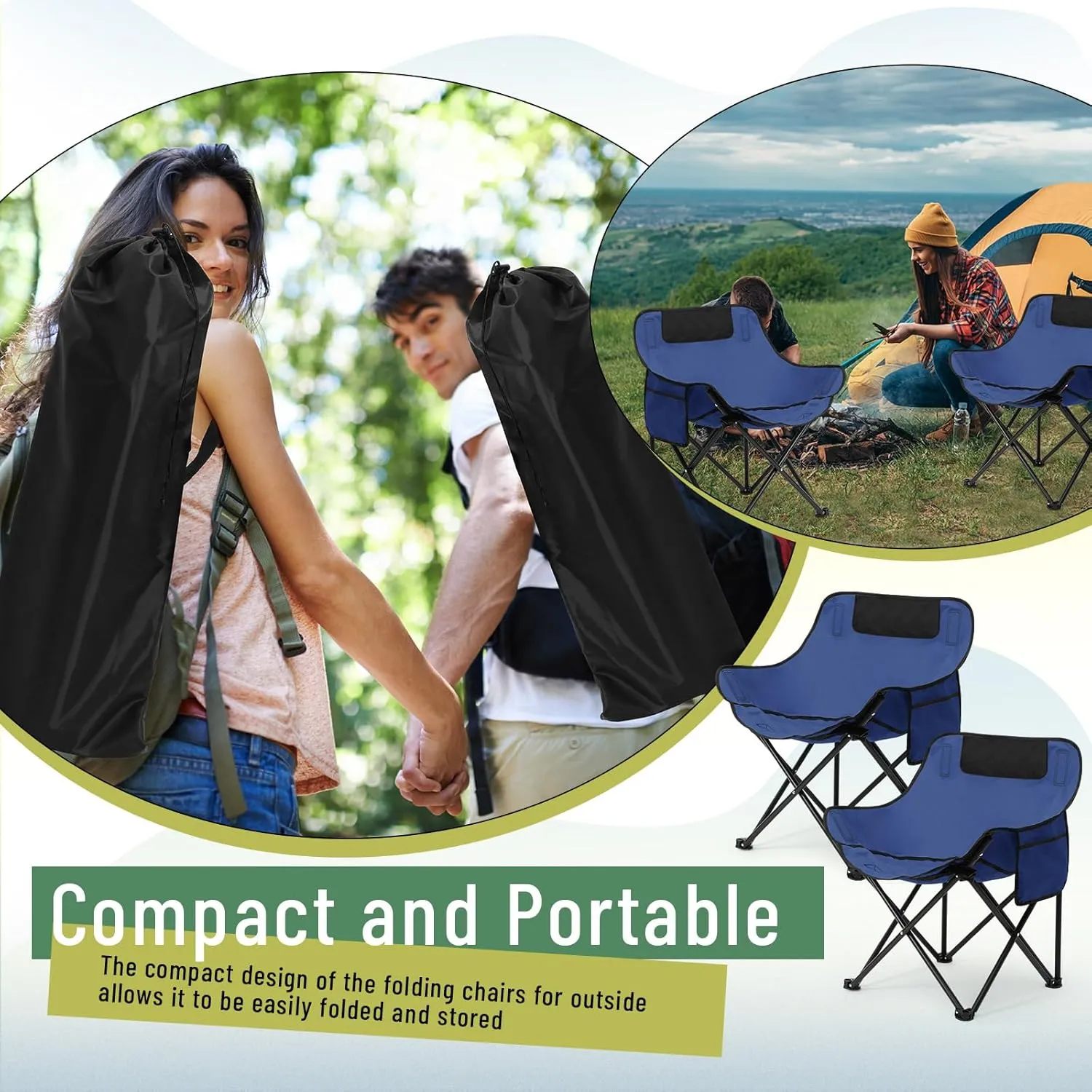 2 Pack Compact Camping Chairs Portable Folding for Outside with Carry Bag Lightweight Moon Chairs for Travel Picnic Hiking Beach Fishing, 600D Oxford, Supports 330lbs(Blue)