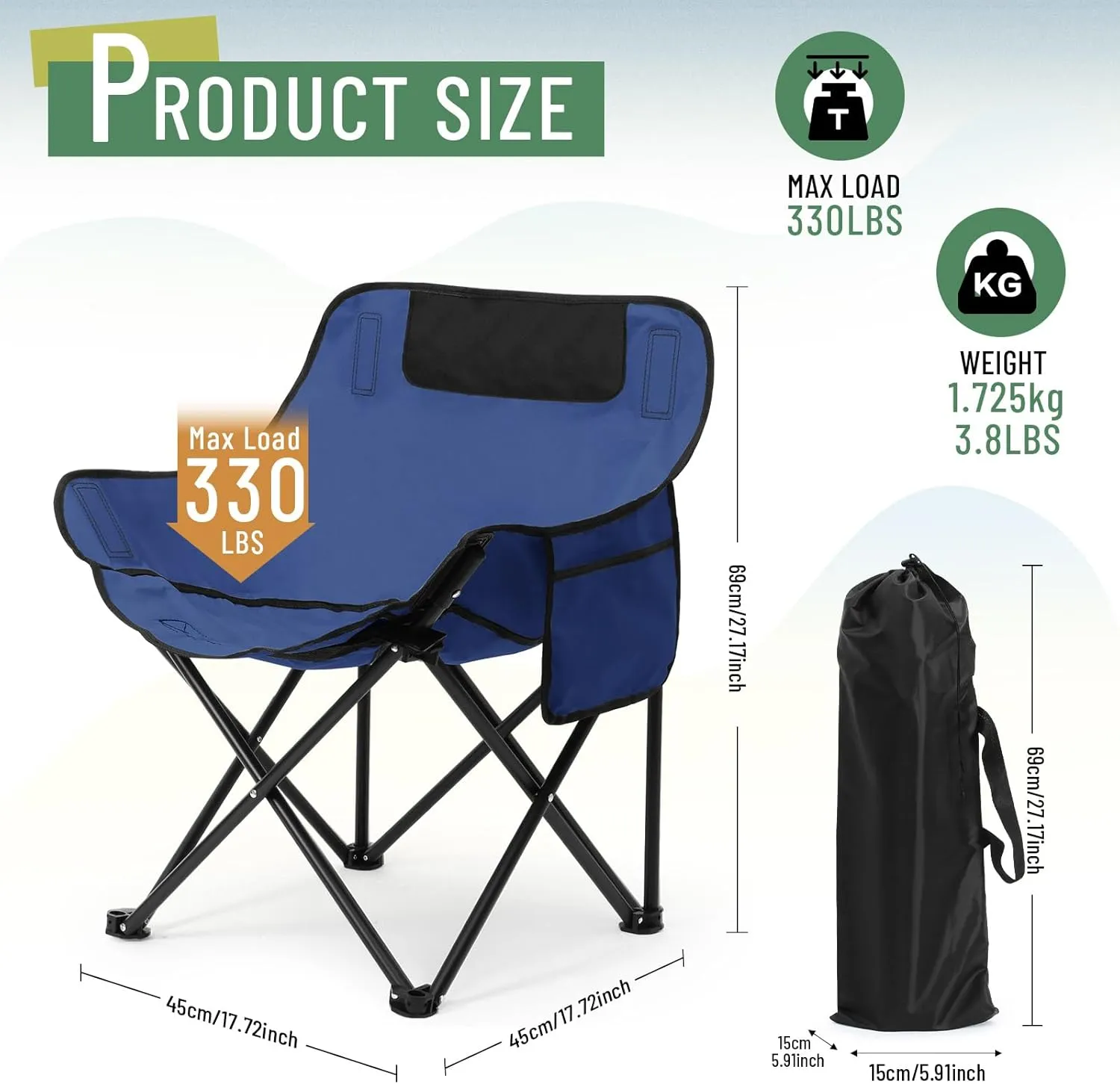 2 Pack Compact Camping Chairs Portable Folding for Outside with Carry Bag Lightweight Moon Chairs for Travel Picnic Hiking Beach Fishing, 600D Oxford, Supports 330lbs(Blue)