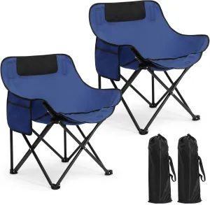 2 Pack Compact Camping Chairs Portable Folding for Outside with Carry Bag Lightweight Moon Chairs for Travel Picnic Hiking Beach Fishing, 600D Oxford, Supports 330lbs(Blue)
