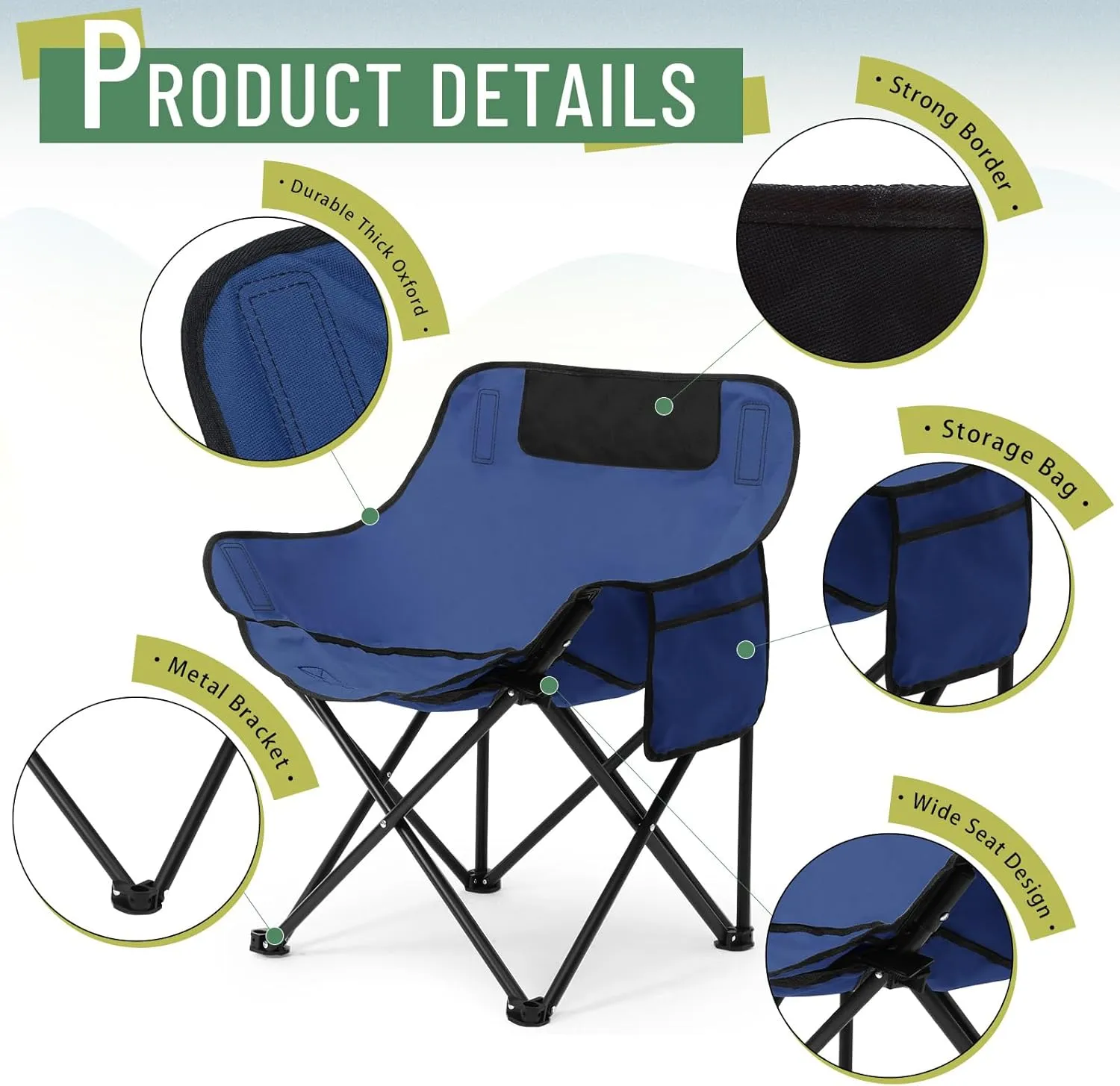 2 Pack Compact Camping Chairs Portable Folding for Outside with Carry Bag Lightweight Moon Chairs for Travel Picnic Hiking Beach Fishing, 600D Oxford, Supports 330lbs(Blue)