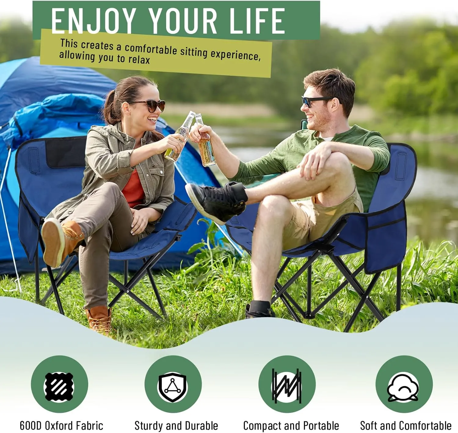 2 Pack Compact Camping Chairs Portable Folding for Outside with Carry Bag Lightweight Moon Chairs for Travel Picnic Hiking Beach Fishing, 600D Oxford, Supports 330lbs(Blue)