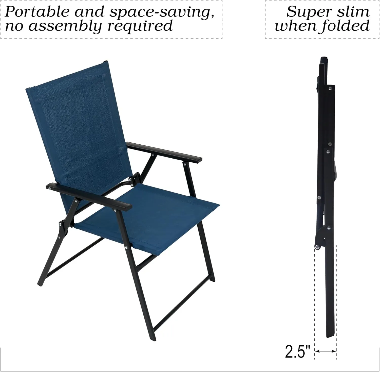 2 Pcs Folding Patio Chairs, Outdoor Dining Chairs with Blue Sling High Back and Armrests Used for Camping Garden Backyard Pool Porch