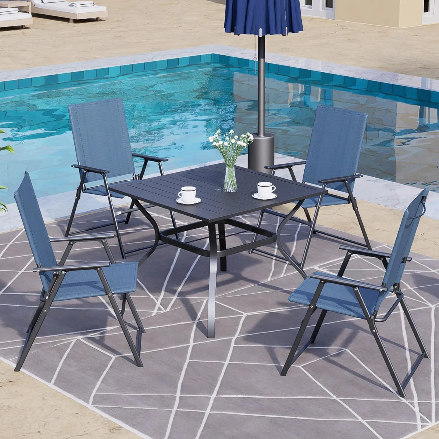 2 Pcs Folding Patio Chairs, Outdoor Dining Chairs with Blue Sling High Back and Armrests Used for Camping Garden Backyard Pool Porch