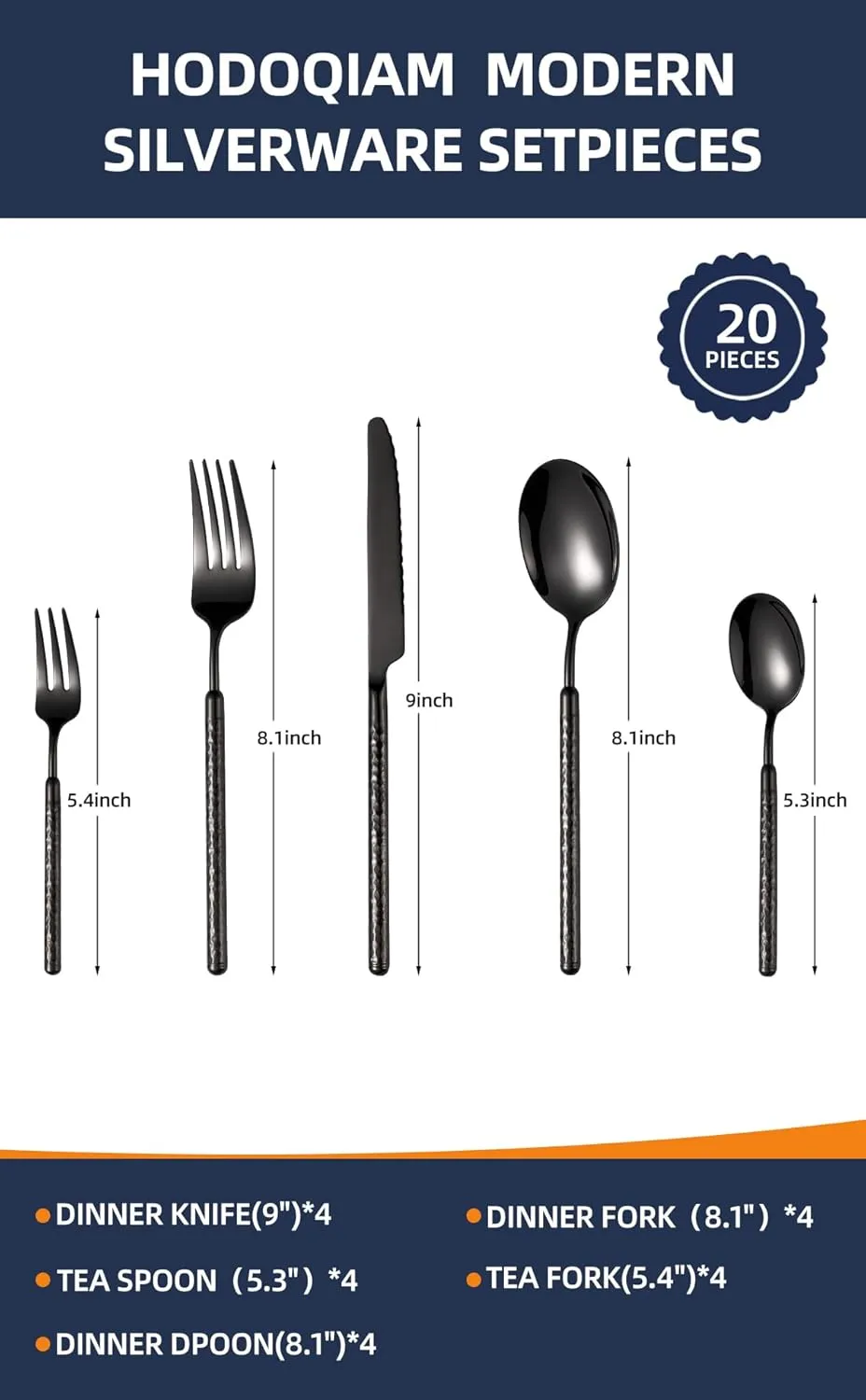 20-Piece Silverware Set, Stainless Steel Flatware Set for 4, Modern Hammered Utensil Tableware Set Include Dinner Knife/Fork/Spoon, Mirror Finish, Dishwasher Safe (20, black)