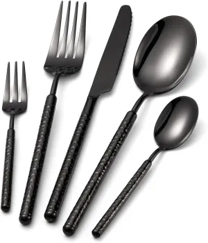 20-Piece Silverware Set, Stainless Steel Flatware Set for 4, Modern Hammered Utensil Tableware Set Include Dinner Knife/Fork/Spoon, Mirror Finish, Dishwasher Safe (20, black)