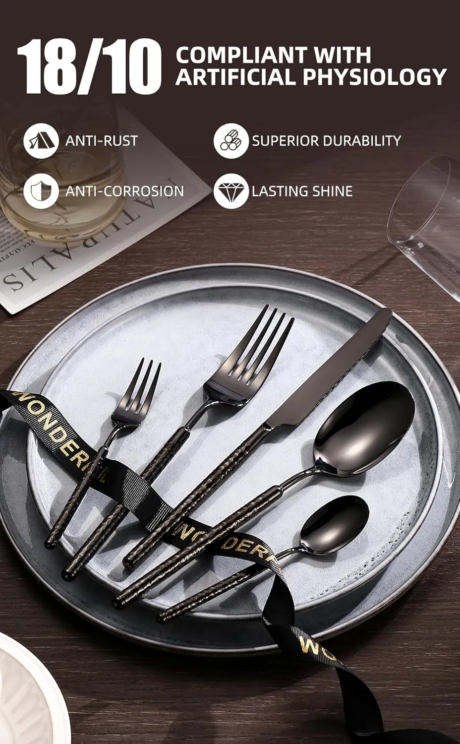 20-Piece Silverware Set, Stainless Steel Flatware Set for 4, Modern Hammered Utensil Tableware Set Include Dinner Knife/Fork/Spoon, Mirror Finish, Dishwasher Safe (20, black)