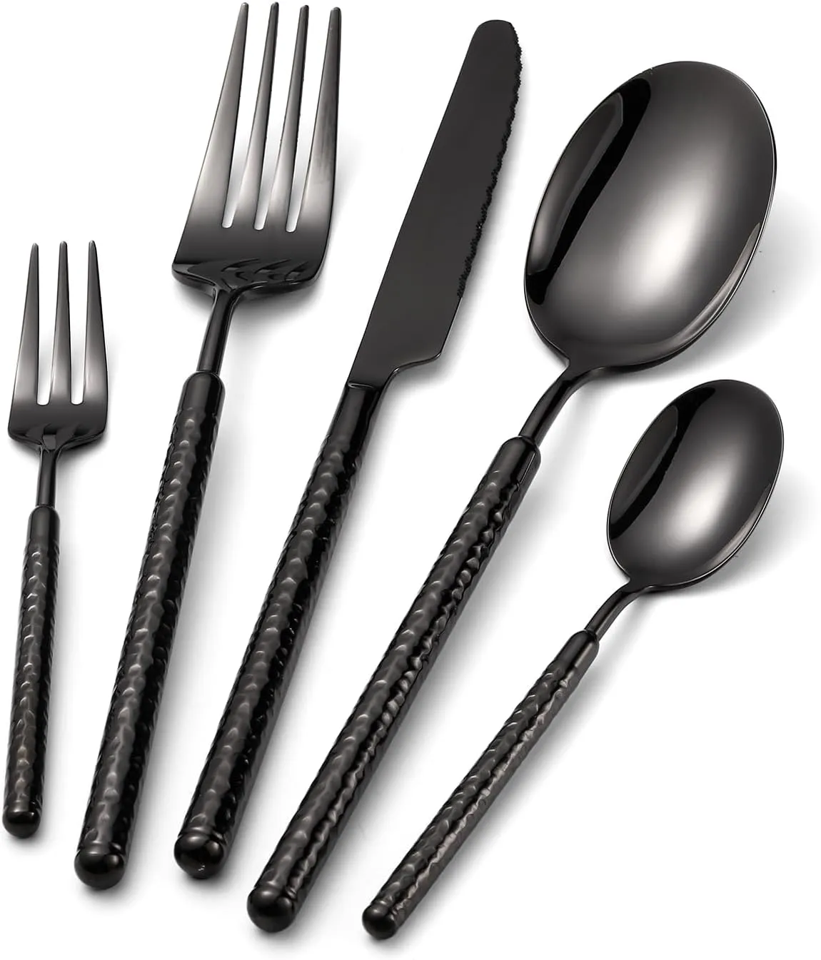 20-Piece Silverware Set, Stainless Steel Flatware Set for 4, Modern Hammered Utensil Tableware Set Include Dinner Knife/Fork/Spoon, Mirror Finish, Dishwasher Safe (20, black)