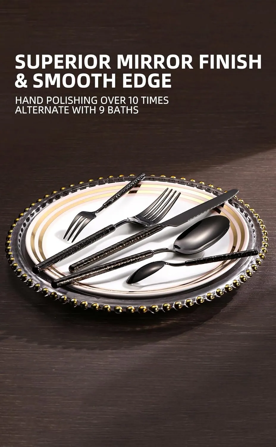 20-Piece Silverware Set, Stainless Steel Flatware Set for 4, Modern Hammered Utensil Tableware Set Include Dinner Knife/Fork/Spoon, Mirror Finish, Dishwasher Safe (20, black)