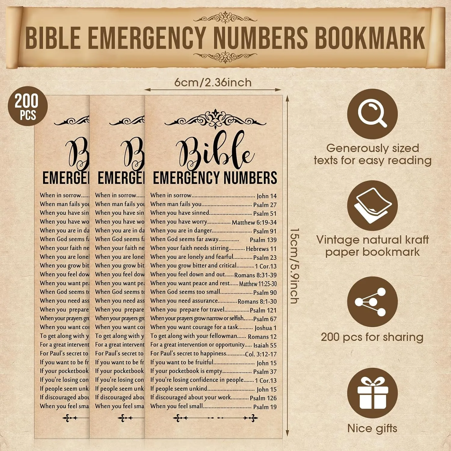 200 Set Christian Father Day Gifts Emergency Numbers Bookmarks Bible Verse Gifts Bulk Religious Scripture Church Welcome Book Marker for Sunday School Appreciation Gift(Retro Color)