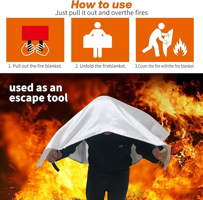 2024 2 Pack Emergency Fire Blanket, Fire Extinguisher Blanket, Fire Suppression Blanket, Flame Retardant Blanket Fire Safety Blanket for Home,Kitchen,School,Grill,Car,Office,Warehouse(40”x40”)