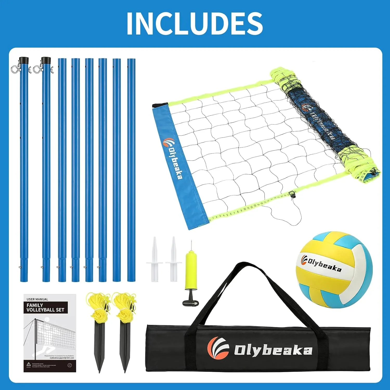 20FT Outdoor Volleyball Net Set System for Backyard Beach with Anti-Sagging Net, Iron Adjustable Height Poles, Soft PU Volleyball and Pump, Carry Bag - Instant Set Up & Durable