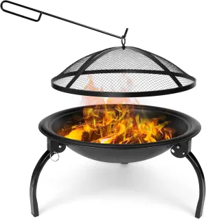 22'' Foldable Mini Fire Pit for Outdoor, Portable Small Outdoor Fire Pit Wood Burning Stove W/Mesh Spark Screen,Round Fire Pit Bowl Grill for Camping Party BBQ Patio Beach
