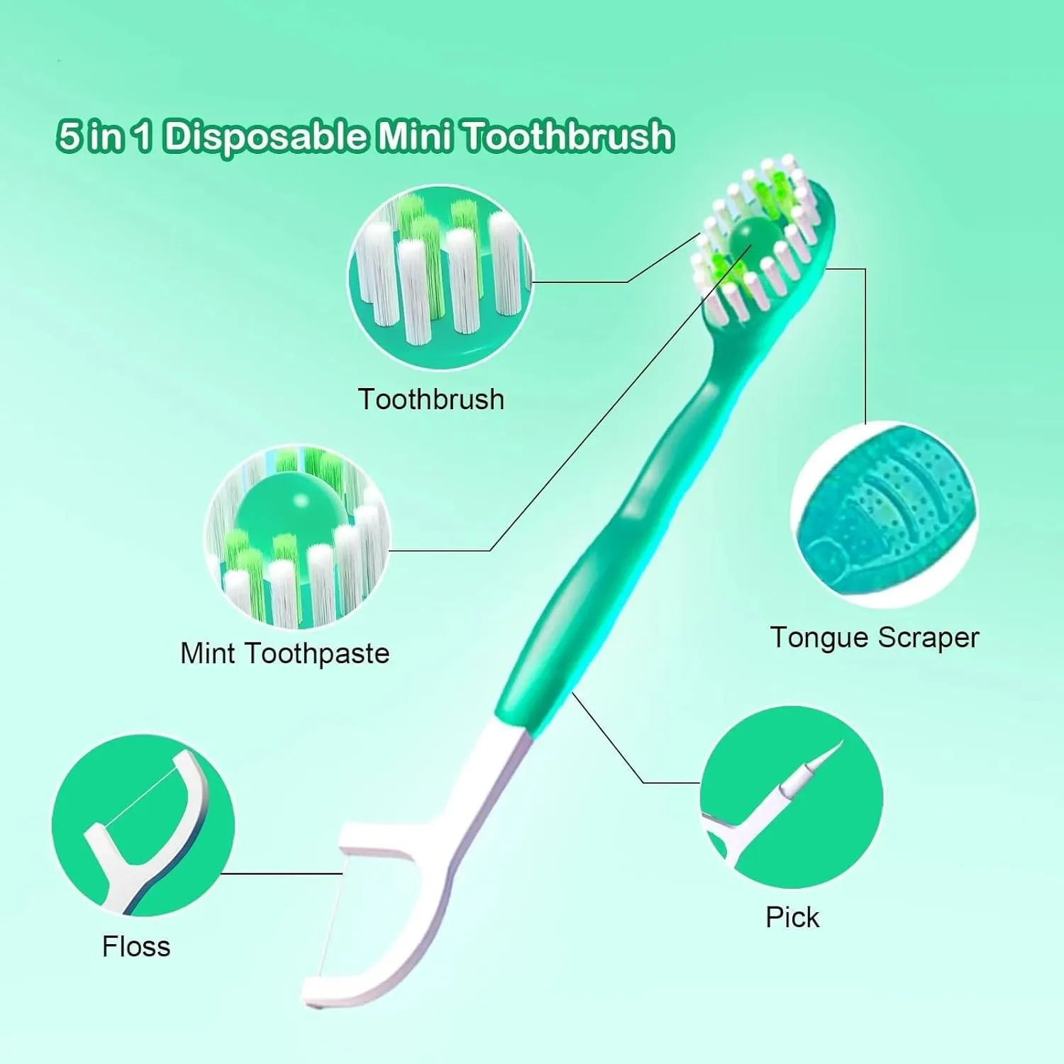 26 PCS 5 in 1 Toothbrush & Floss& Tongue Scraper & Toothpick Set, 5 in 1 Mini Brush, Toothpaste and Floss, Disposable Toothbrushes with Toothpaste (Mint Flavor, 26 Pcs)