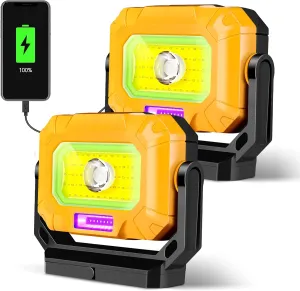 2Pack Magnetic Work Light, 1200LM COB LED Rechargeable Work Light with 15 Lighting Modes, 360°Rotatable Flood Lights for Car Repairing, Job Site Lighting Emergency Outdoor Camping Hiking