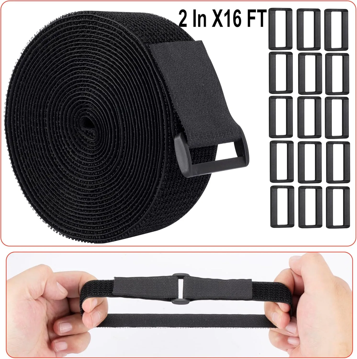 2" x 16 ft self-Adhesive Hook and Loop Tape, Reusable Fasteners Tape ，15 Plastic Buckles, Adjustable Tightening Cable Straps, Nylon Cinch Straps for Storage, Sewing (2 in X16 ft)