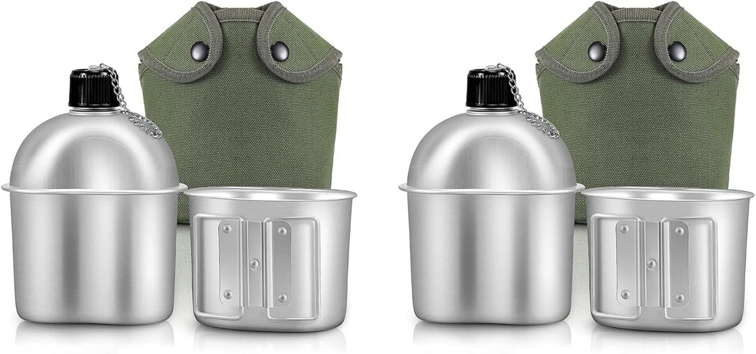 2X Outdoor Canteen Cookware Set Canteen Cup Portable Water Bottle with Grab Handle Cup for Outdoor Camping Hiking, silver