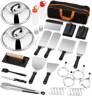 35PCS Griddle Accessories Kit, Leonyo Flat Top Grill Accessories, Grill Tools with Enlarged Spatulas, Melting Dome, Metal Scraper, Burger Press for Outdoor Barbecue Teppanyaki Hibachi Cooking
