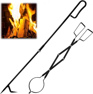 36inch Long Fireplace Fire Pit Campfire Stick and 25inch Fireplace Tongs Sets,Heavy Duty Fireplace Tool Sets,Log Grabber for Wood Stove,Camping,Indoor and Outdoor