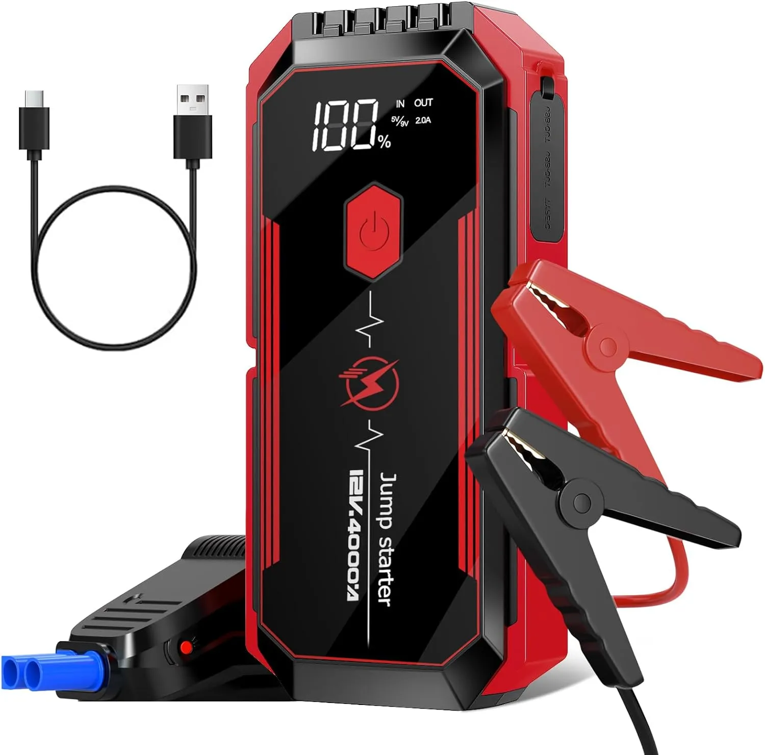 4000A Jump Starter - 12V Portable Car Battery Jumper Starter for All Gas & 10.0L Diesel Engines, 20000mAh Jump Box Battery Pack & Jumper Cables, USB Quick Charge, 4-Mode Emergency Light (Black)
